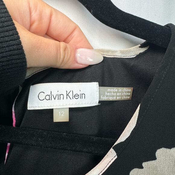 Calvin Klein Black Floral Sleeveless Chiffon Mini Shift Dress Size 12 - Picture 2 of 7